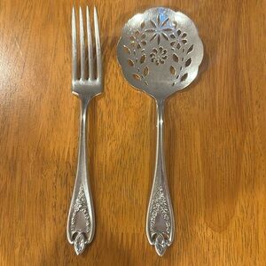 Rogers Bros silver plated fork, Bon Bon slatted spoon. Old Colony pattern